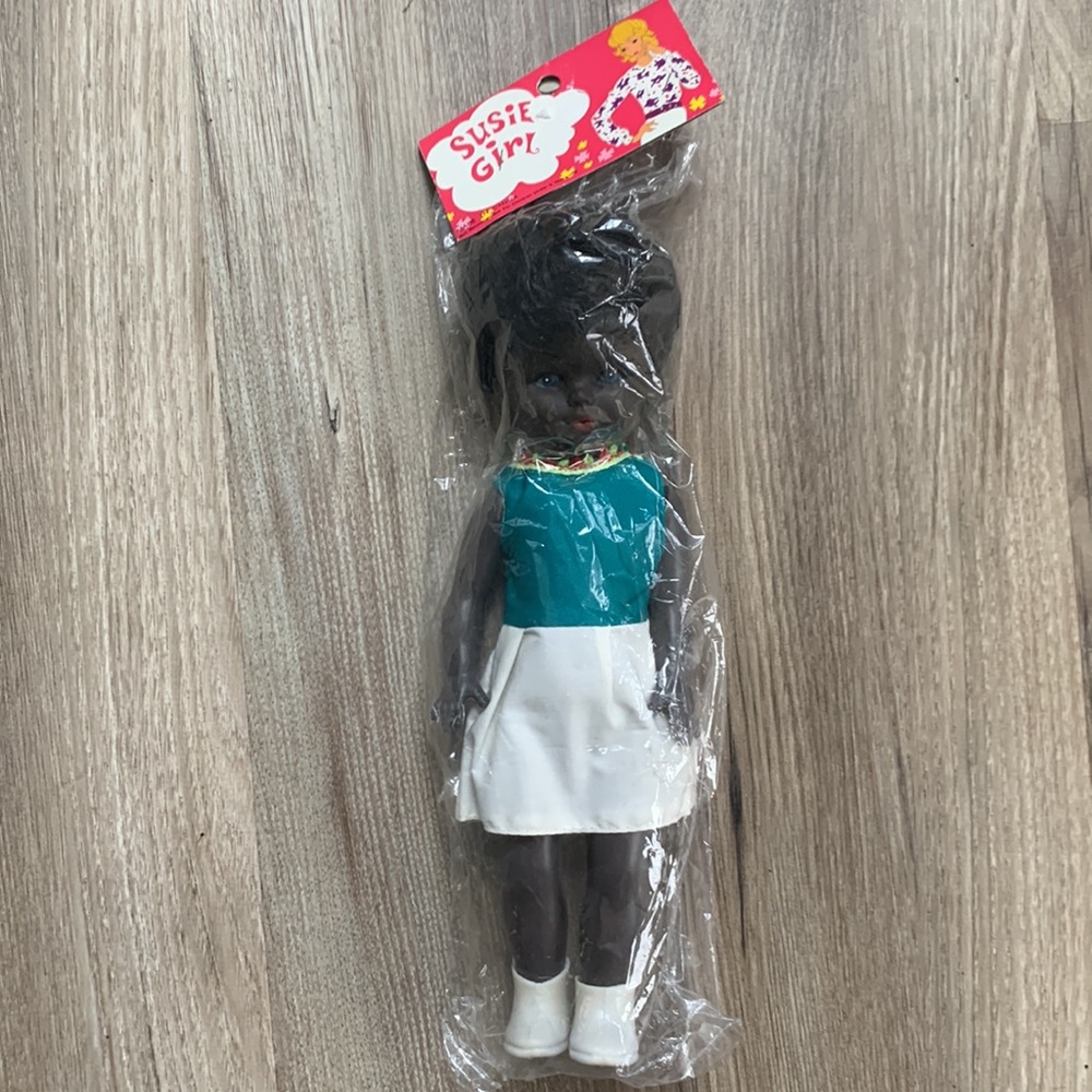 Vintage Susie Girl African Doll Black Plastic Toy Blue Eyes White Shoes Rare New